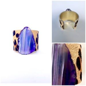 Purple Agate and Leopard Calf Hair Leather Cuff